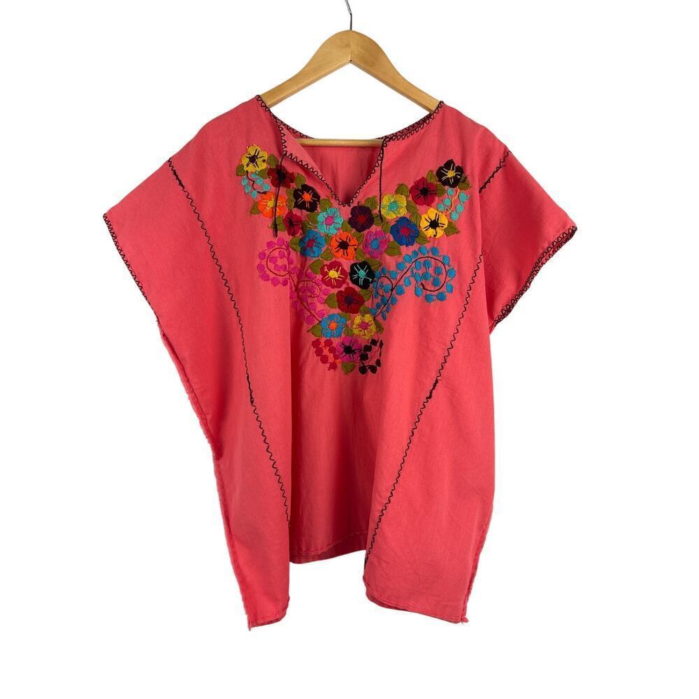 Women’s Handmade in Mexico Coral Short Sleeve with Rainbow Embroidery - Picture 2 of 3